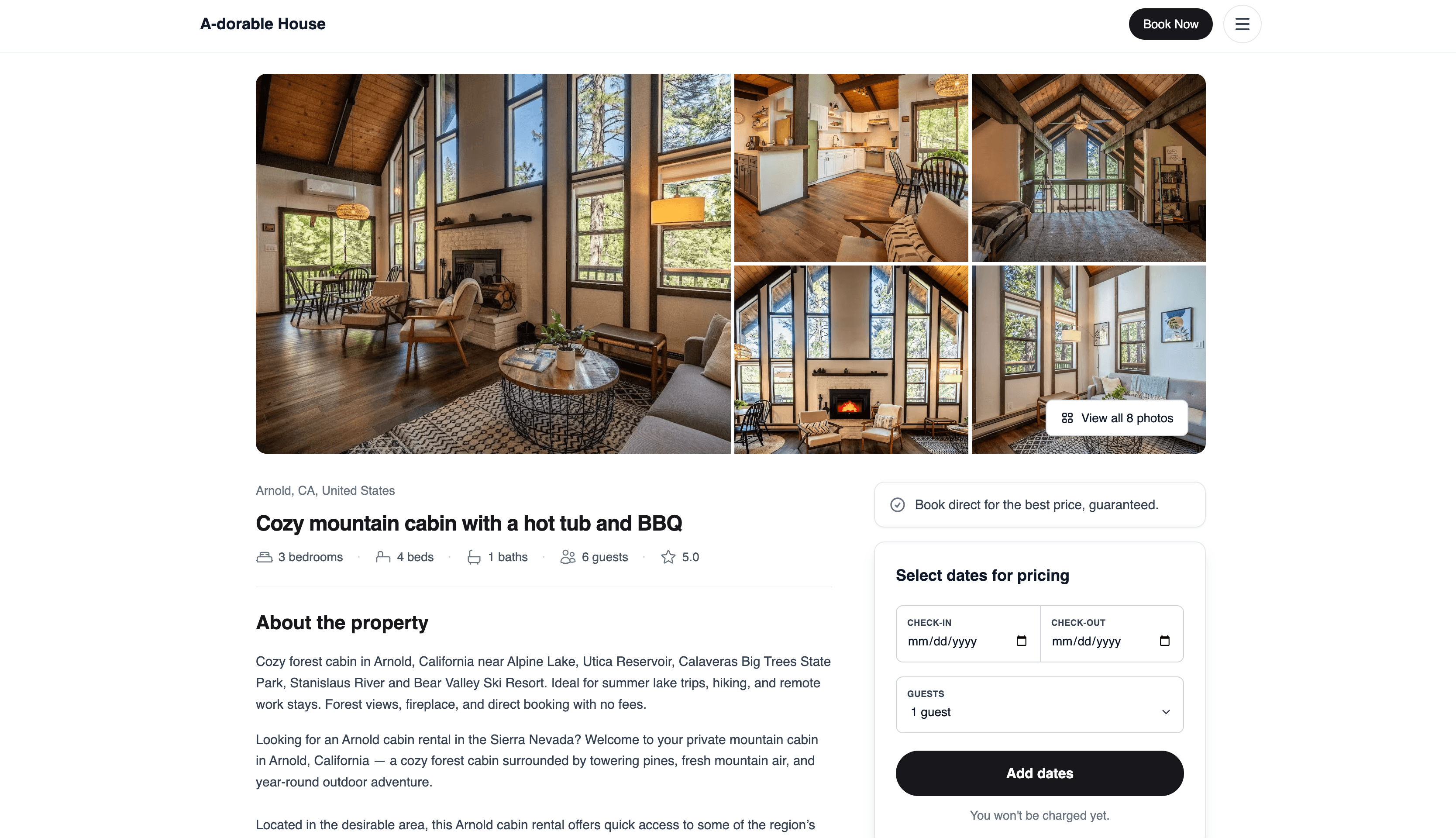 Cozy Mountain Cabin — live website screenshot