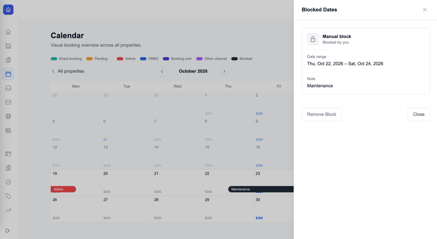 Blocked Dates panel showing a Manual block, Blocked by you, from Thu, Oct 22, 2026 to Sat, Oct 24, 2026 with the note Maintenance, and Remove Block and Close buttons