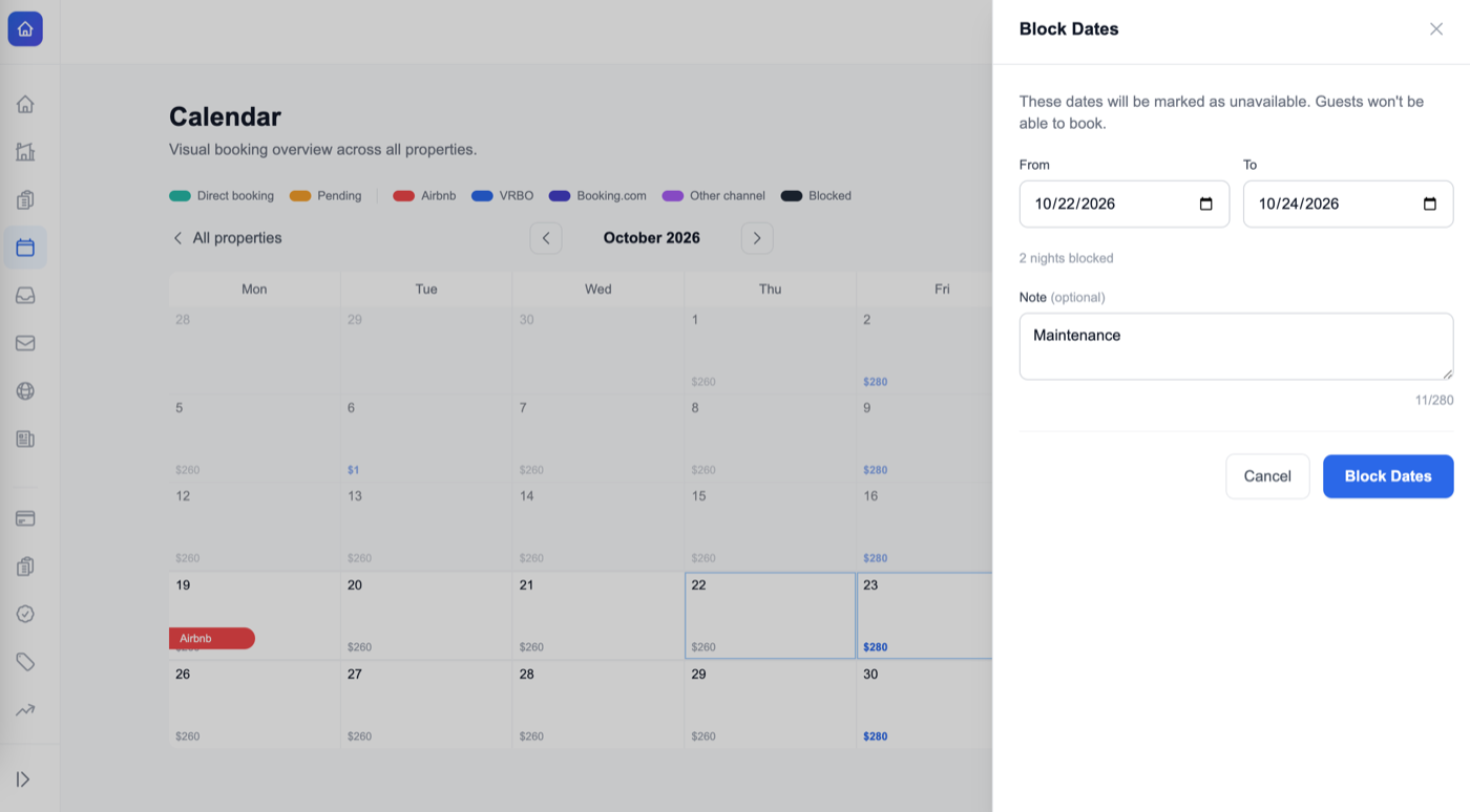 Block Dates panel with From 10/22/2026, To 10/24/2026, 2 nights blocked, the note Maintenance, and Cancel and Block Dates buttons