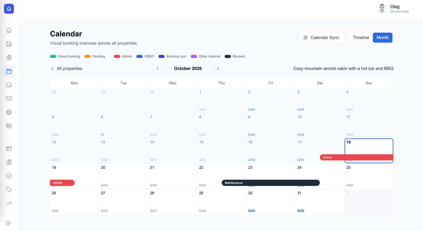 DirectBookings Calendar for October 2026 with a dark Maintenance bar across Oct 22 to 24, between two Airbnb reservations