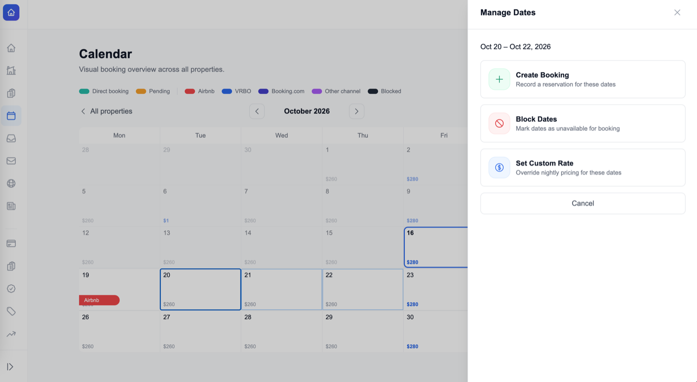 The DirectBookings Calendar with Oct 20–22 selected and the Manage Dates panel open, showing Create Booking, Block Dates, and Set Custom Rate options