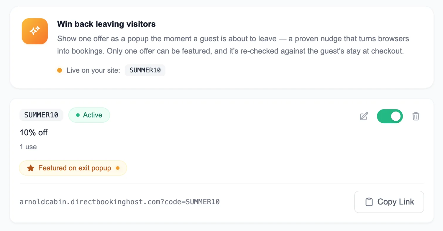 DirectBookings admin panel — toggle to feature a promo code as exit intent popup