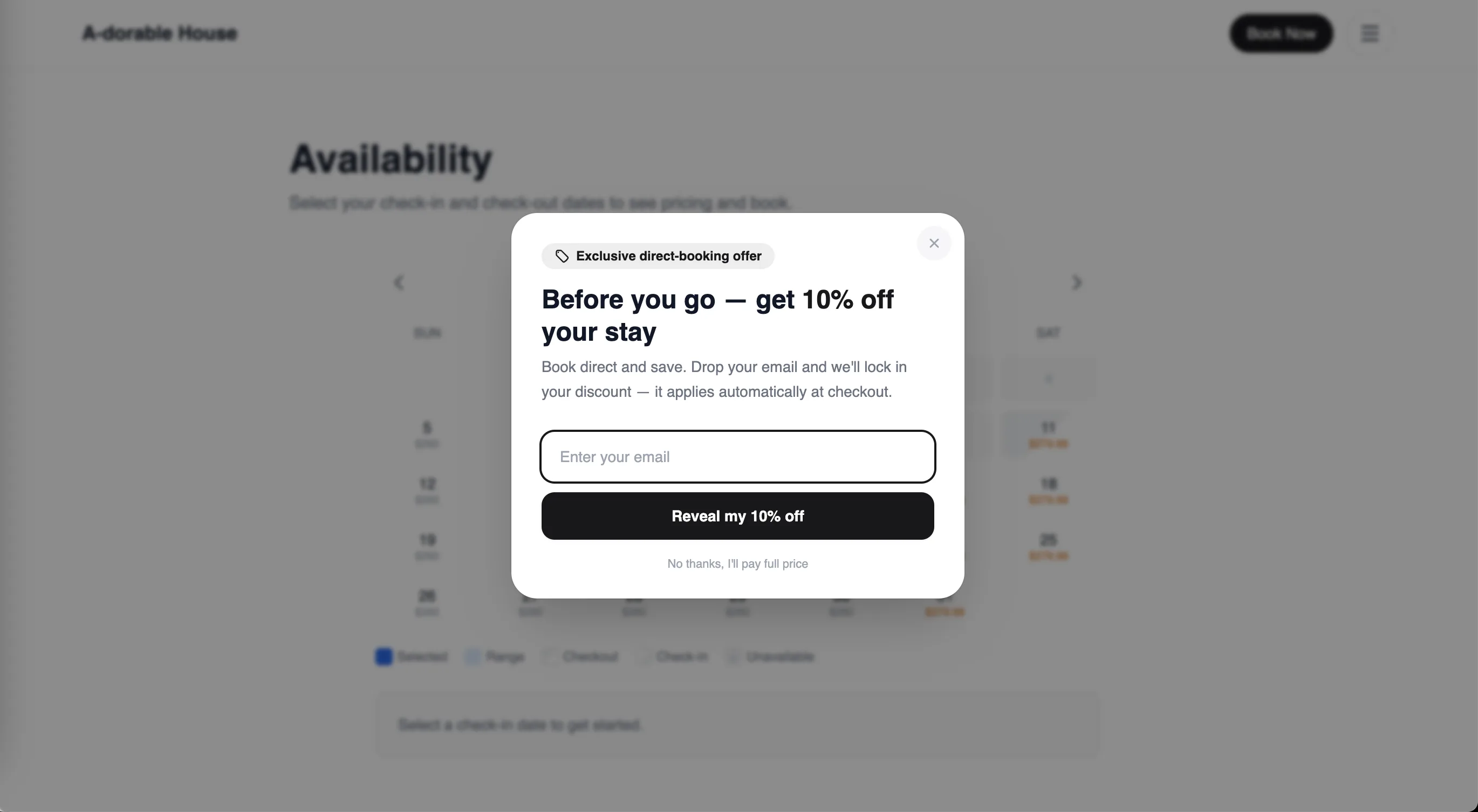 Exit intent popup displayed on a vacation rental direct booking website — discount offer appears as guest moves to leave