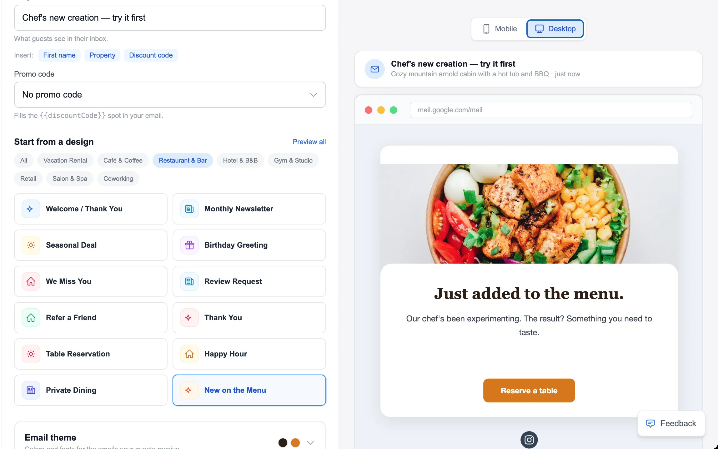 Editing a hospitality email campaign for a bar or restaurant in the drag-and-drop builder