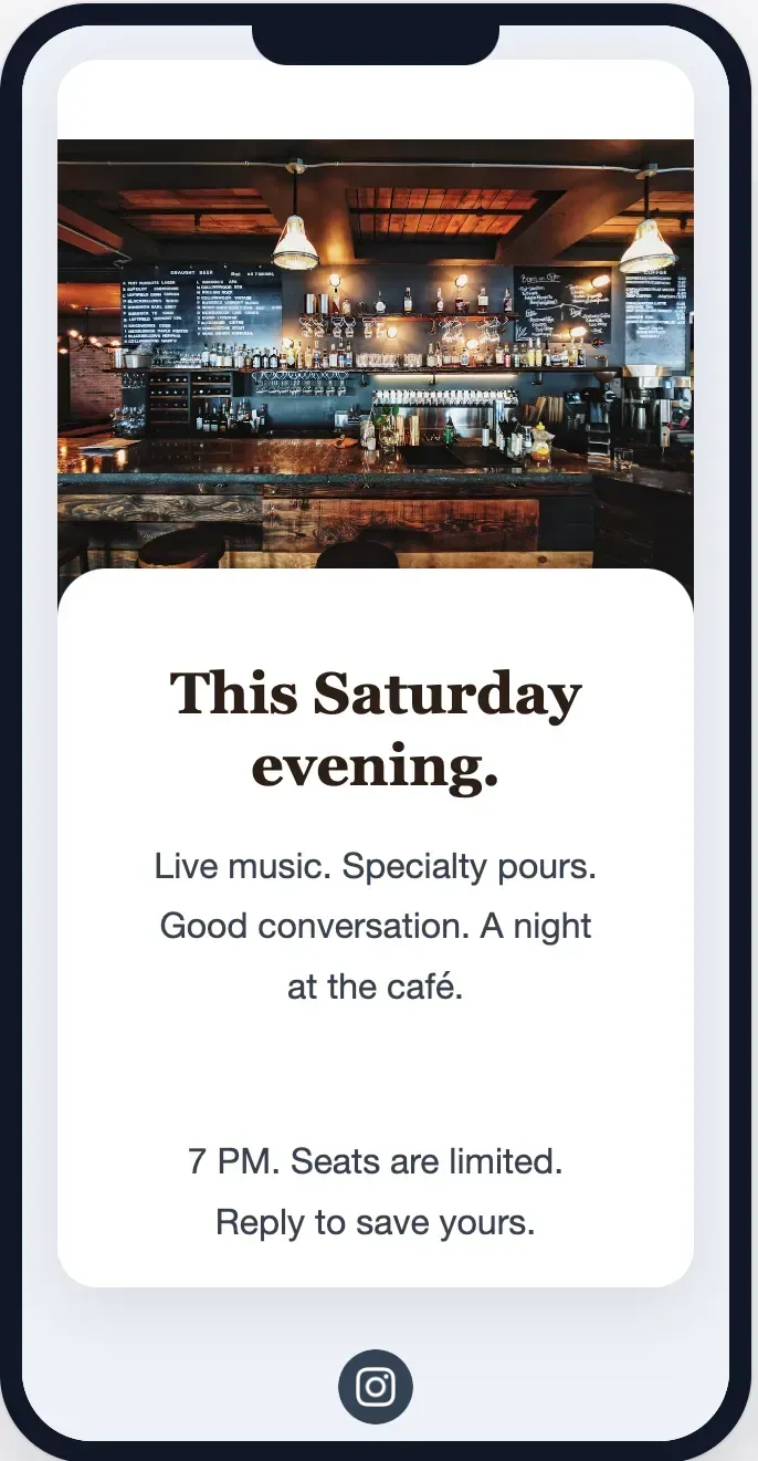 An event announcement email marketing example for a hospitality venue
