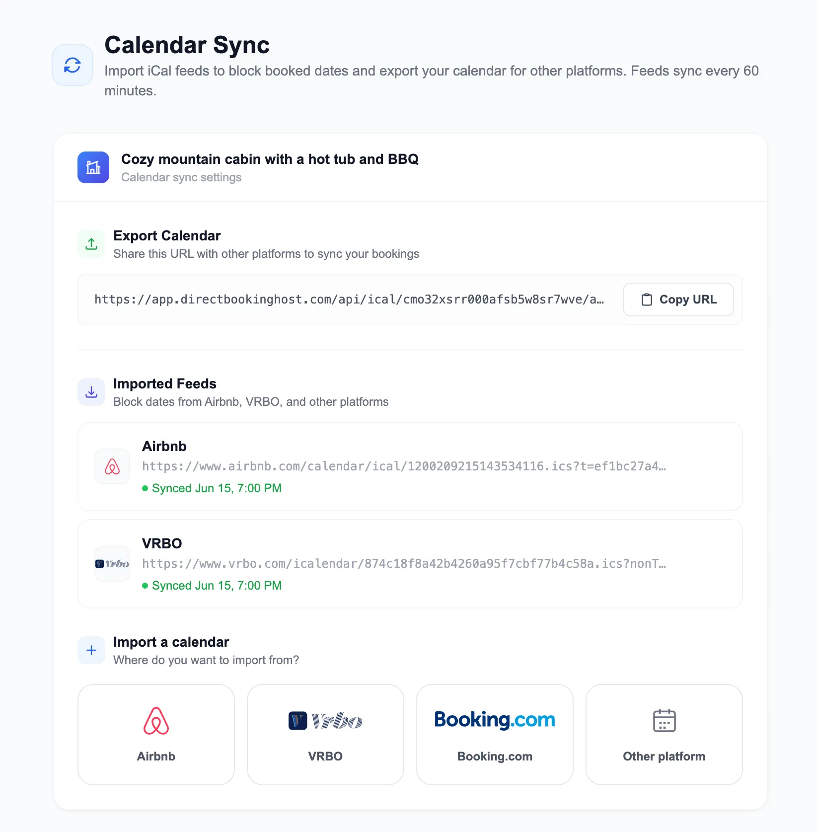 Calendar sync showing Airbnb and VRBO feeds connected with Stripe