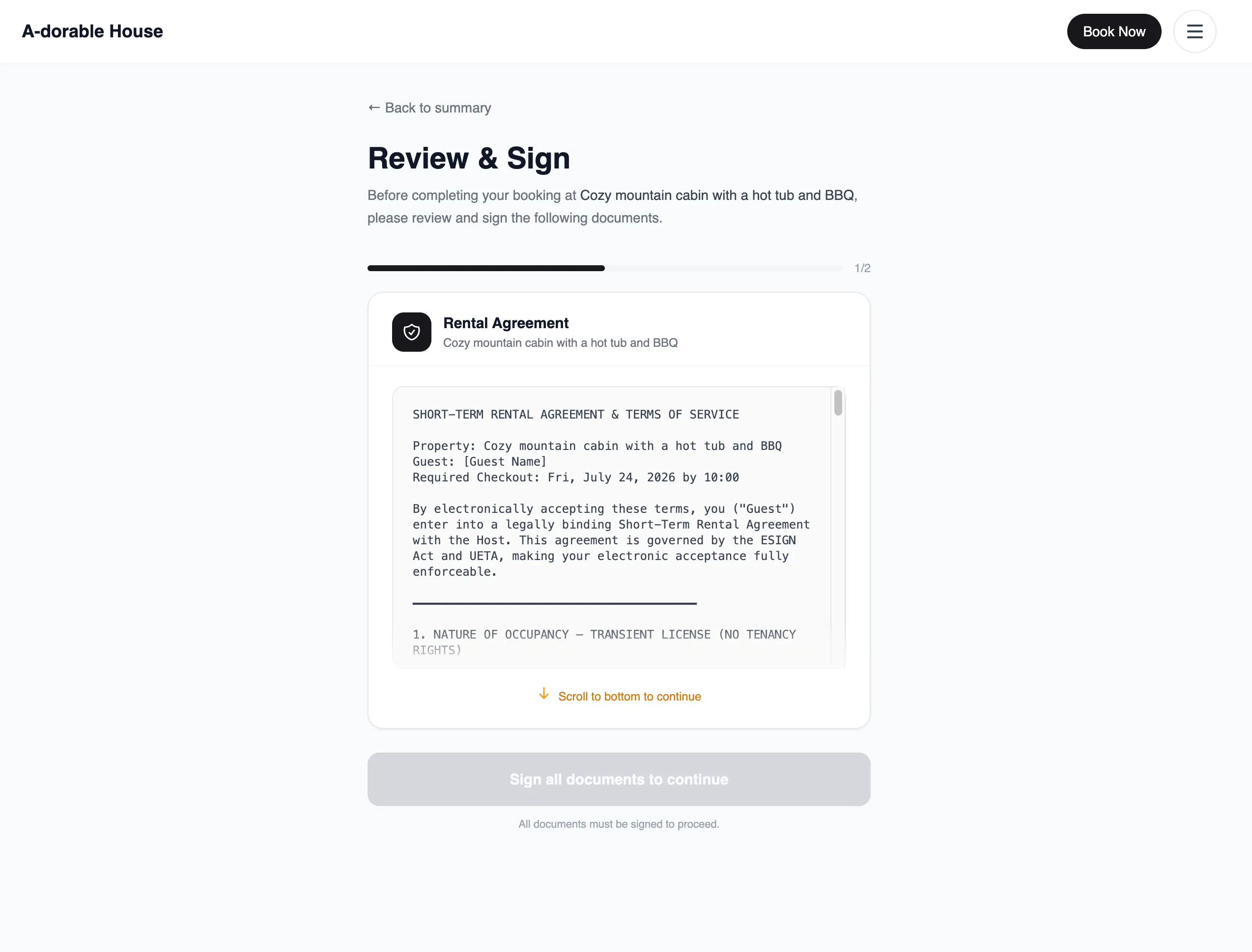 Rental agreement signing page with terms and e-signature