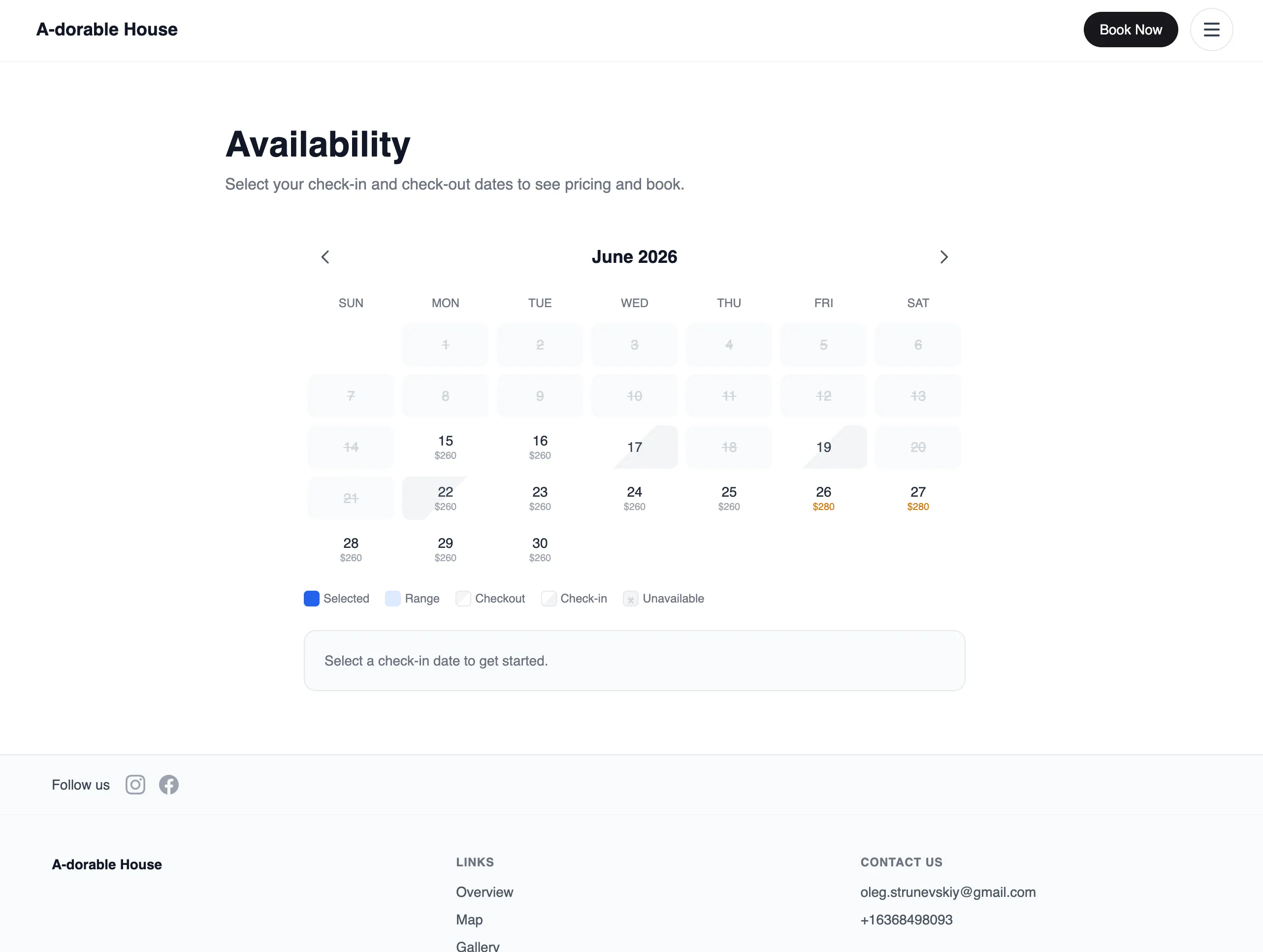 Booking calendar showing available dates with nightly prices