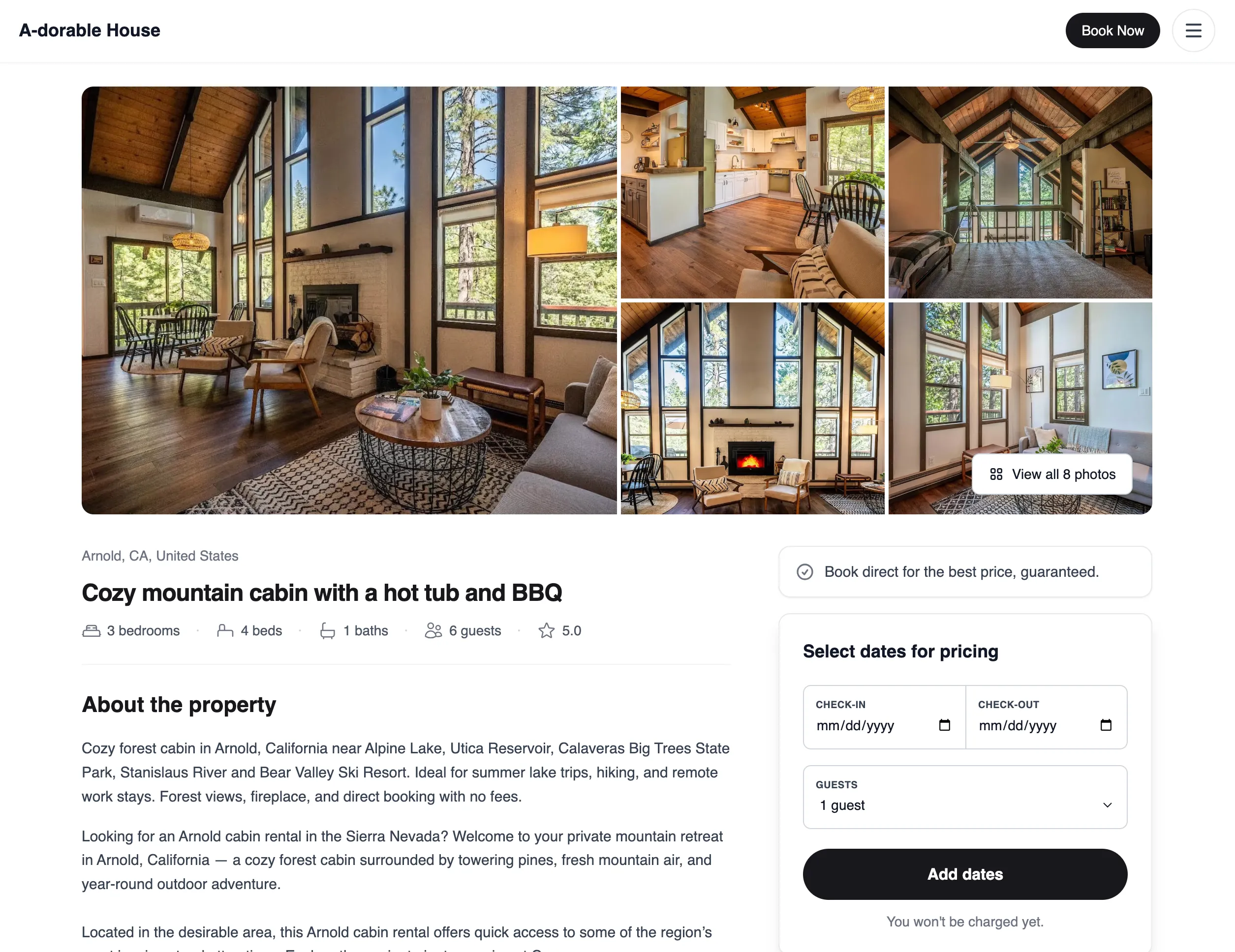 Guest-facing property page with photos, description, and booking widget