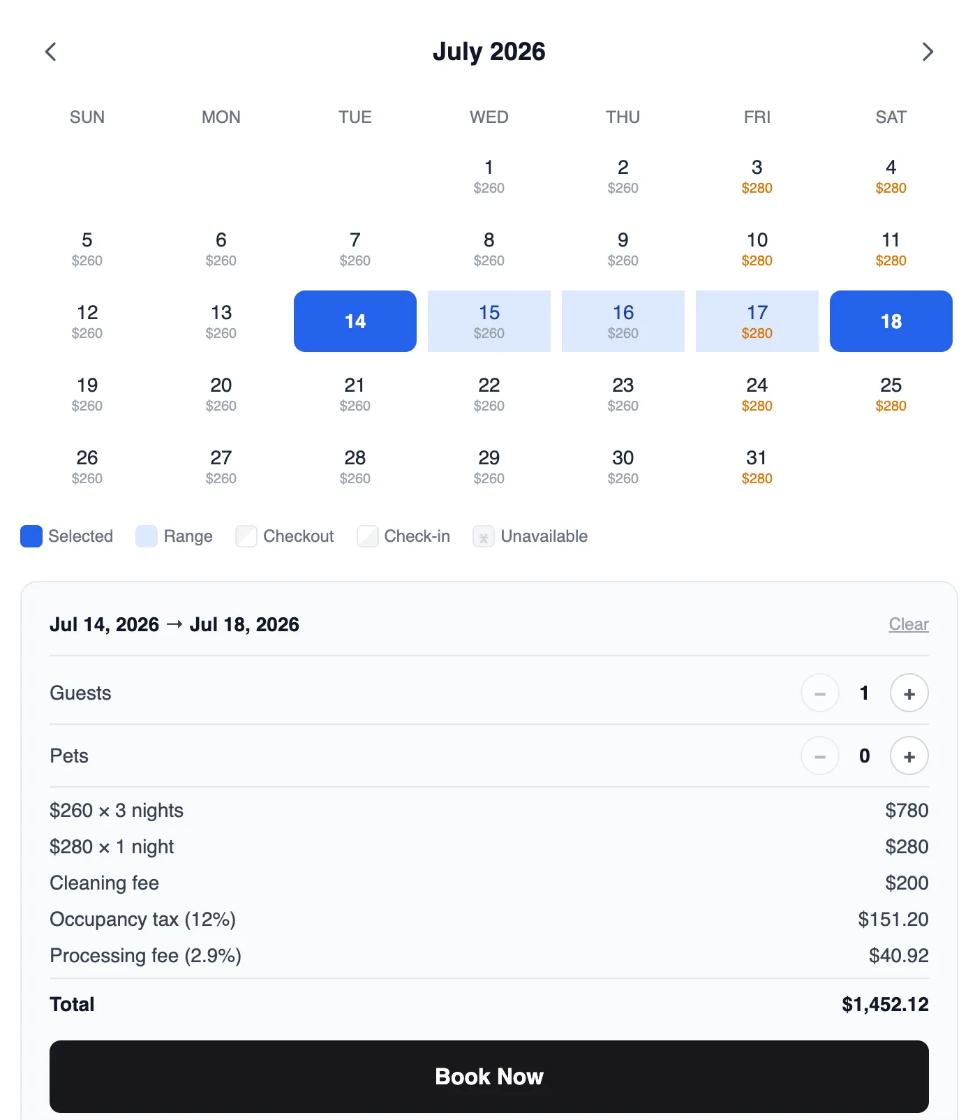 Price breakdown showing nightly rate, fees, and total