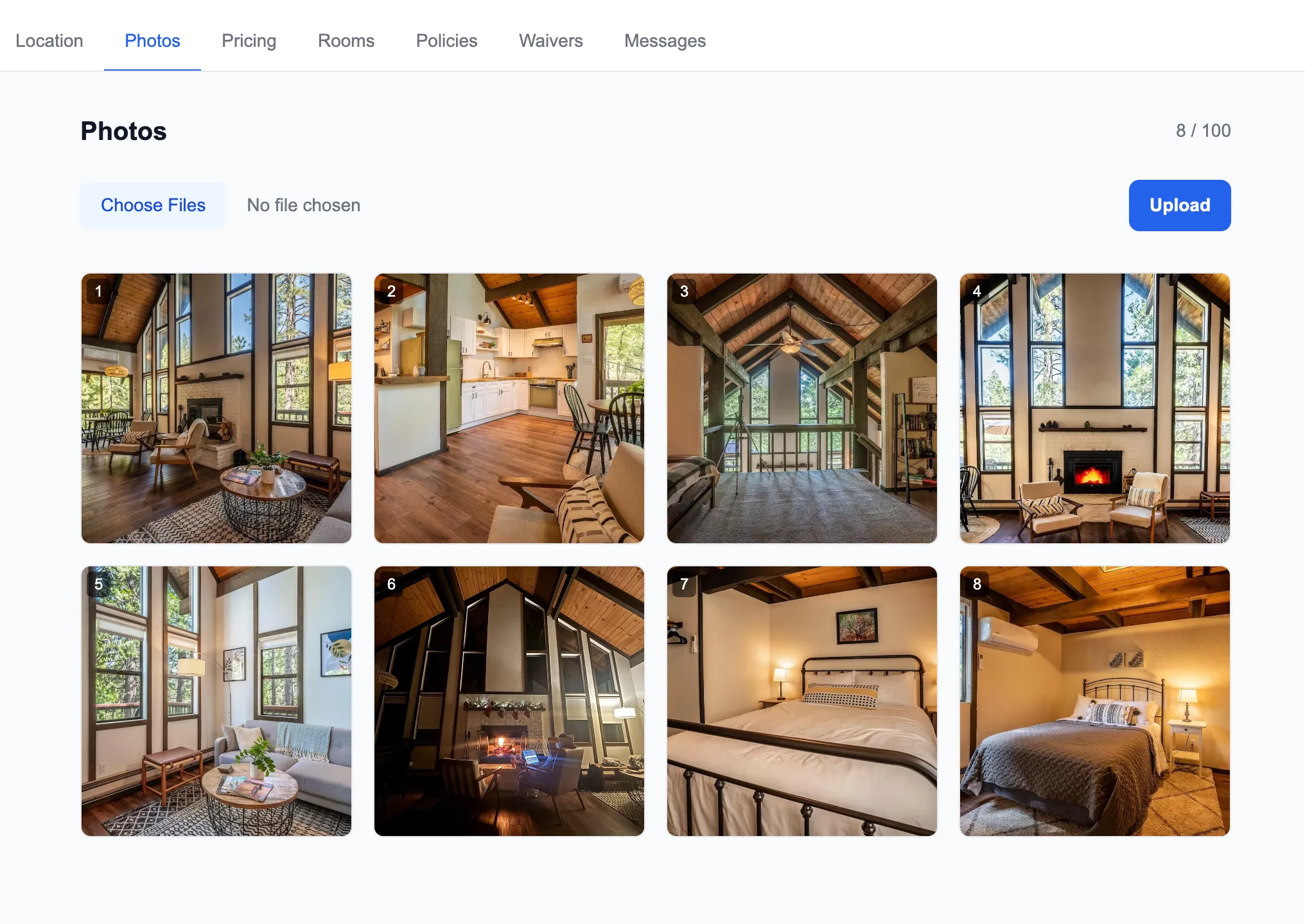 Photo upload grid showing 8 property images