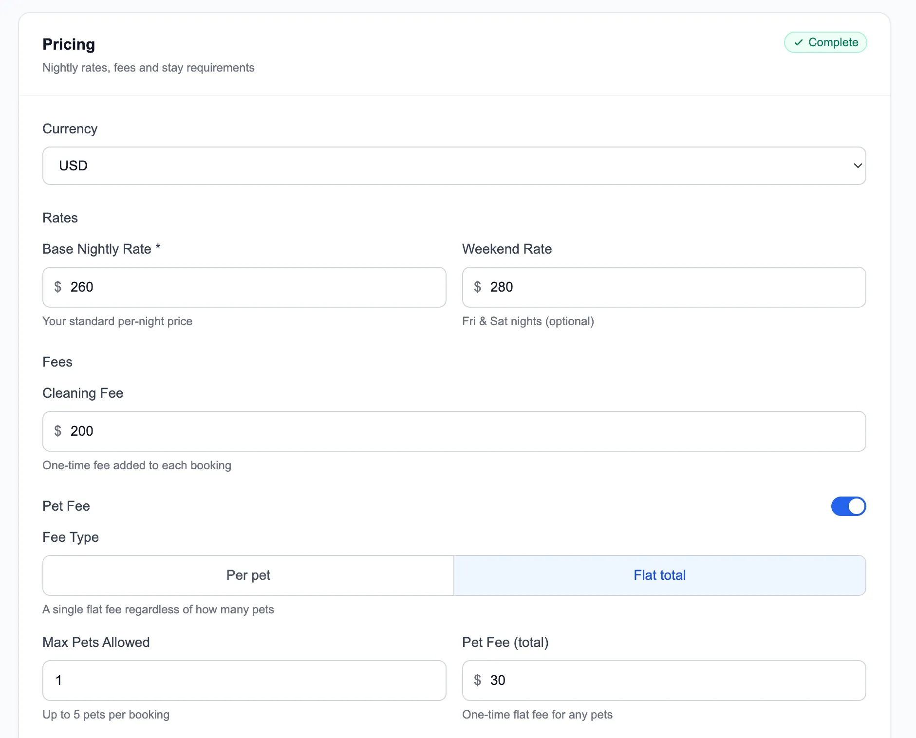 Pricing configuration with nightly rates, cleaning fee, and pet fee