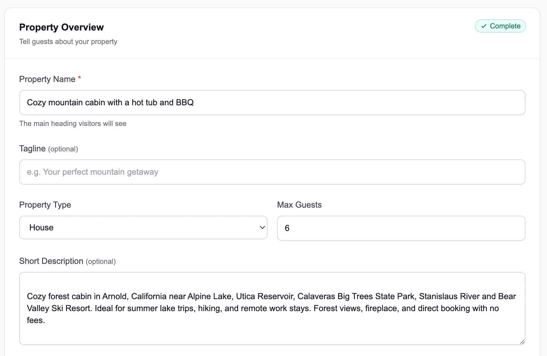 Property overview form with name, type, and description fields