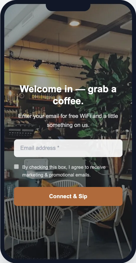 Branded WiFi splash page for a café