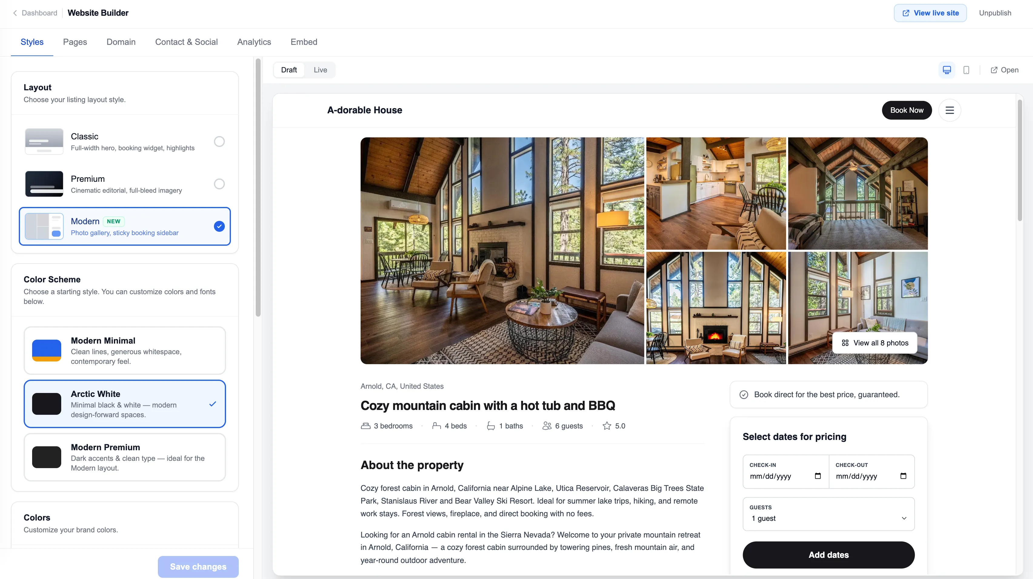 Website builder with template selection and live preview