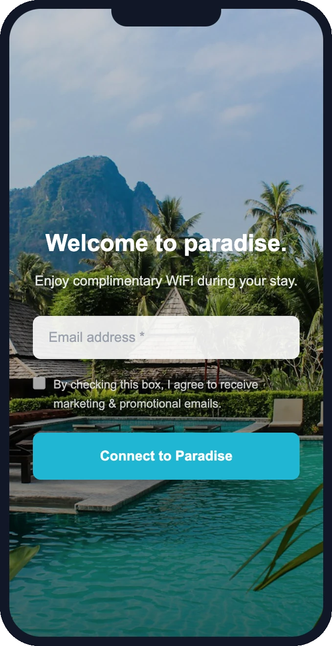 Branded WiFi splash page on a phone — guest enters their email to connect