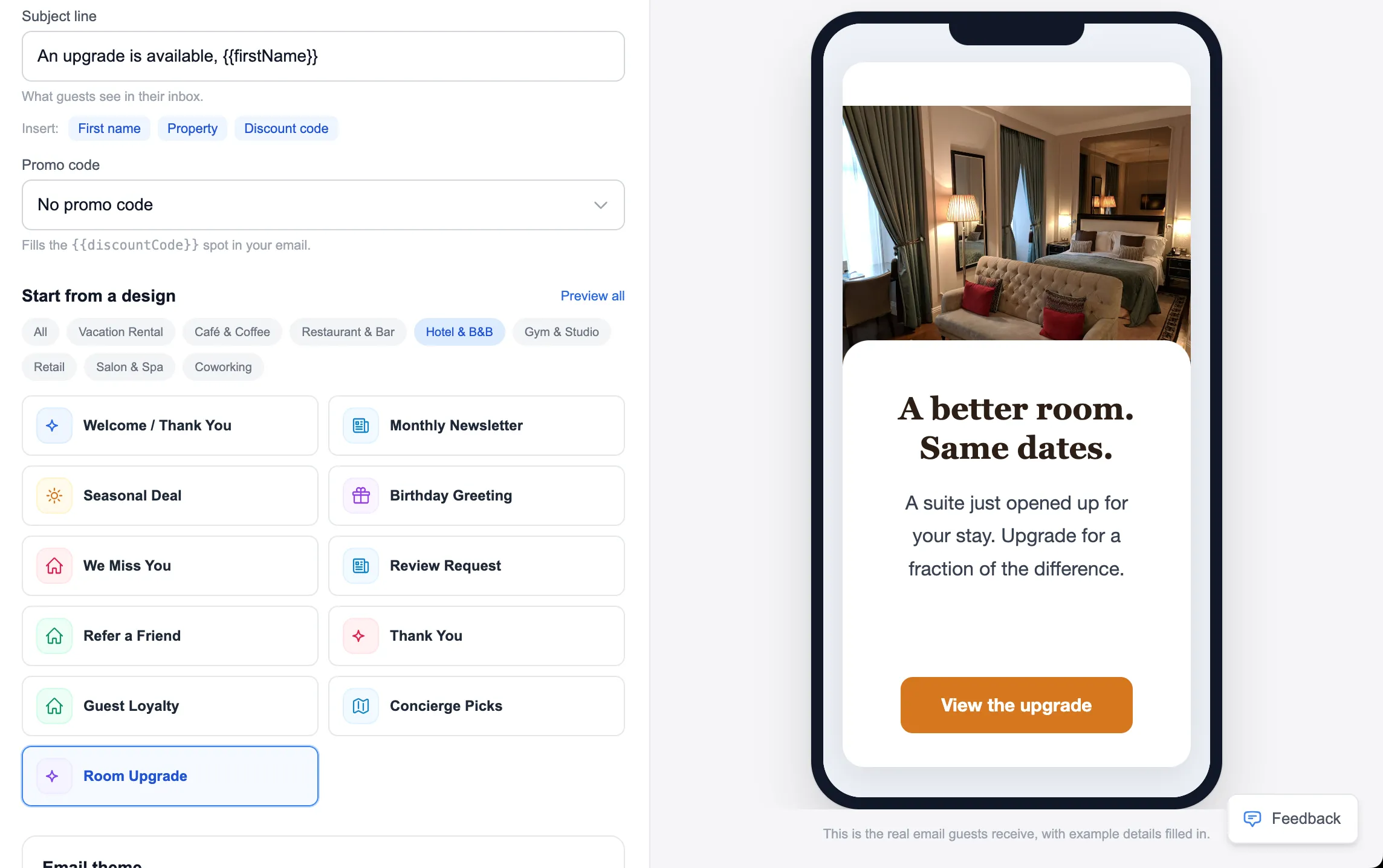 Editing a hotel email marketing campaign in the drag-and-drop builder