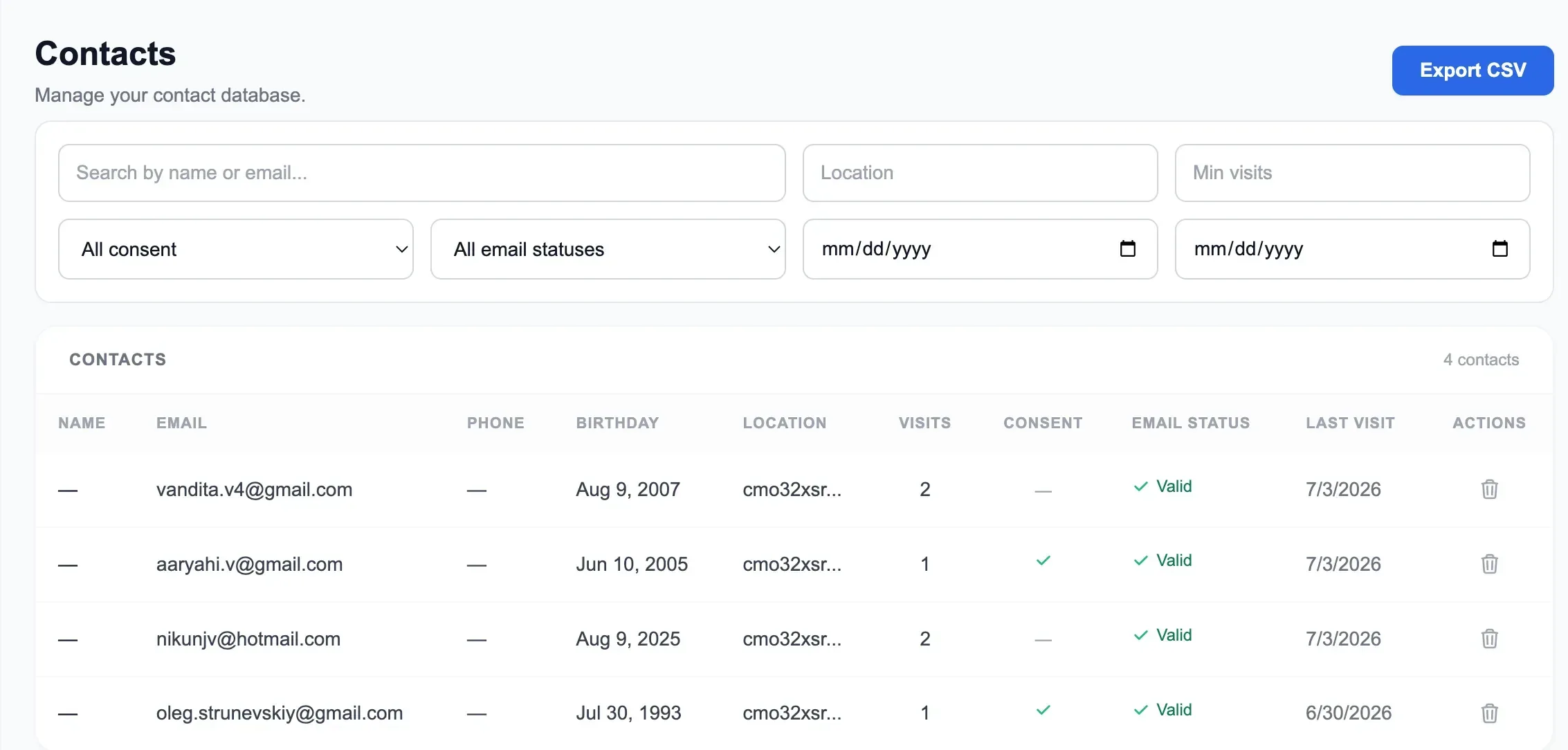 Guest CRM — customer emails captured via WiFi with visit history