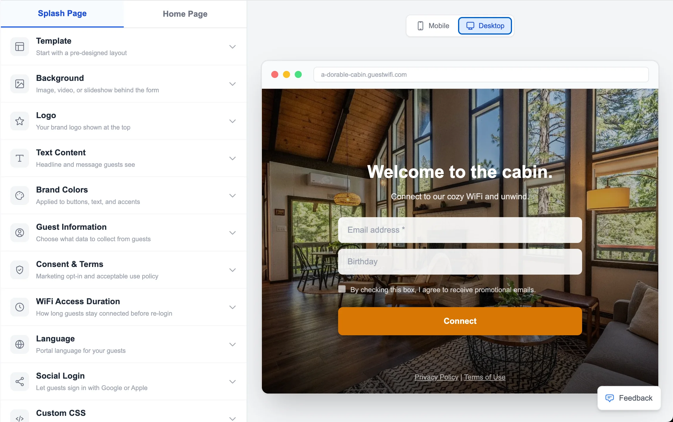 WiFi splash page editor with template picker and live preview