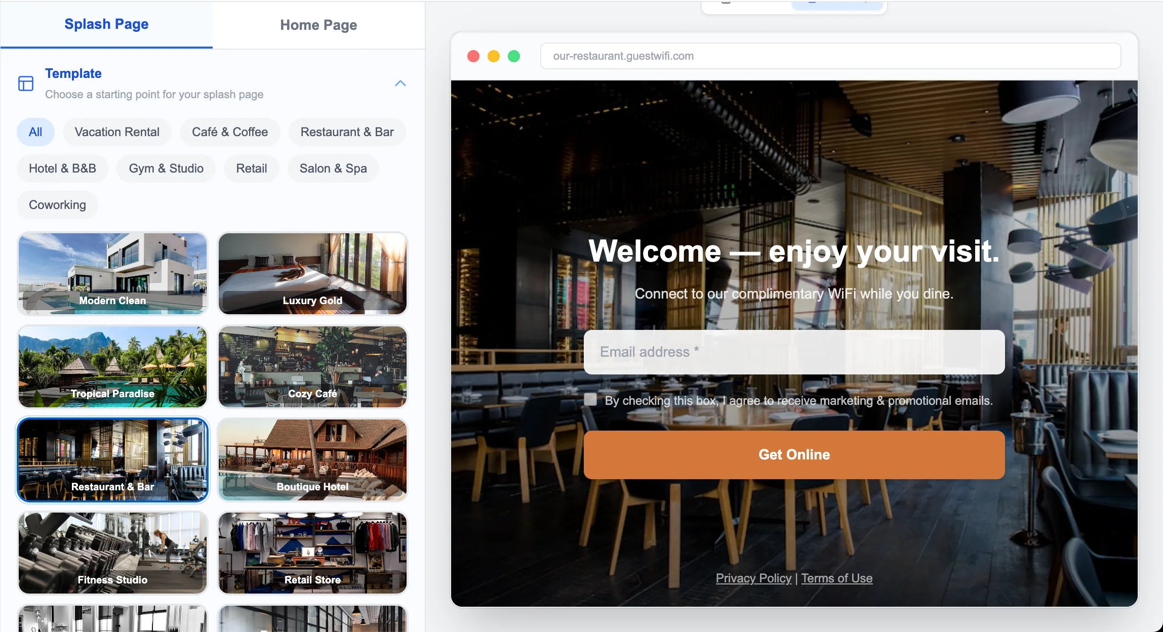 WiFi marketing software — splash page editor