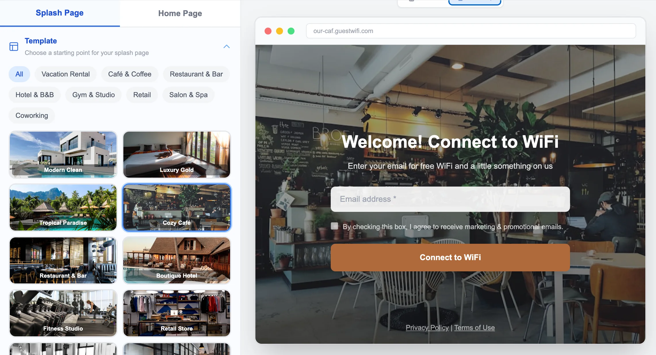 Splash page editor — café template selected with live preview
